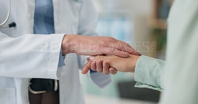 Buy stock photo Empathy, hands and doctor with woman at hospital for bad news, comfort or help in cancer, treatment or diagnosis. Sorry, touch and surgeon with patient at a clinic for understanding, kindness or care