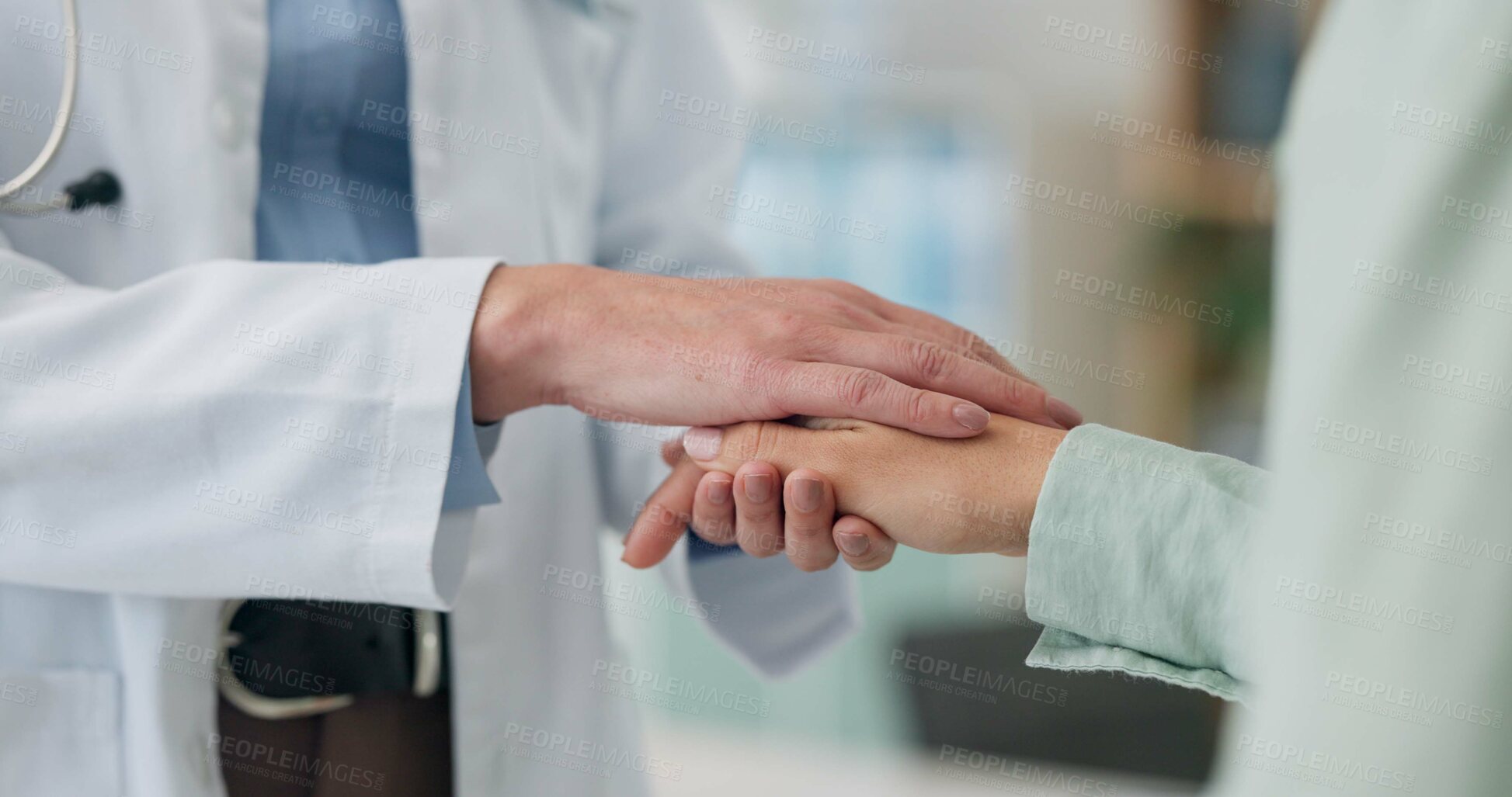 Buy stock photo Empathy, hands and doctor with woman at hospital for bad news, comfort or help in cancer, treatment or diagnosis. Sorry, touch and surgeon with patient at a clinic for understanding, kindness or care