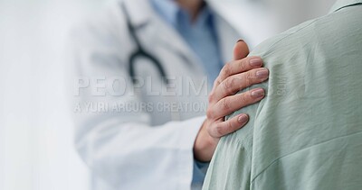 Buy stock photo Hospital, consulting and hands of doctor and patient for comfort, empathy and support for diagnosis results. Healthcare, clinic and health worker embrace person for medical care, service and help