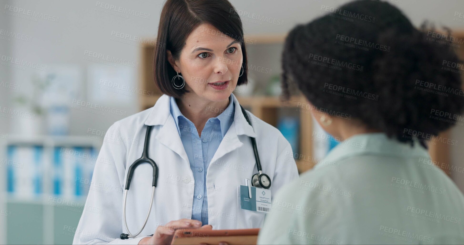 Buy stock photo Hospital, tablet and doctor talking to patient for consulting, medical service and help in clinic. Healthcare, telehealth and people on digital tech for diagnosis, online results and insurance