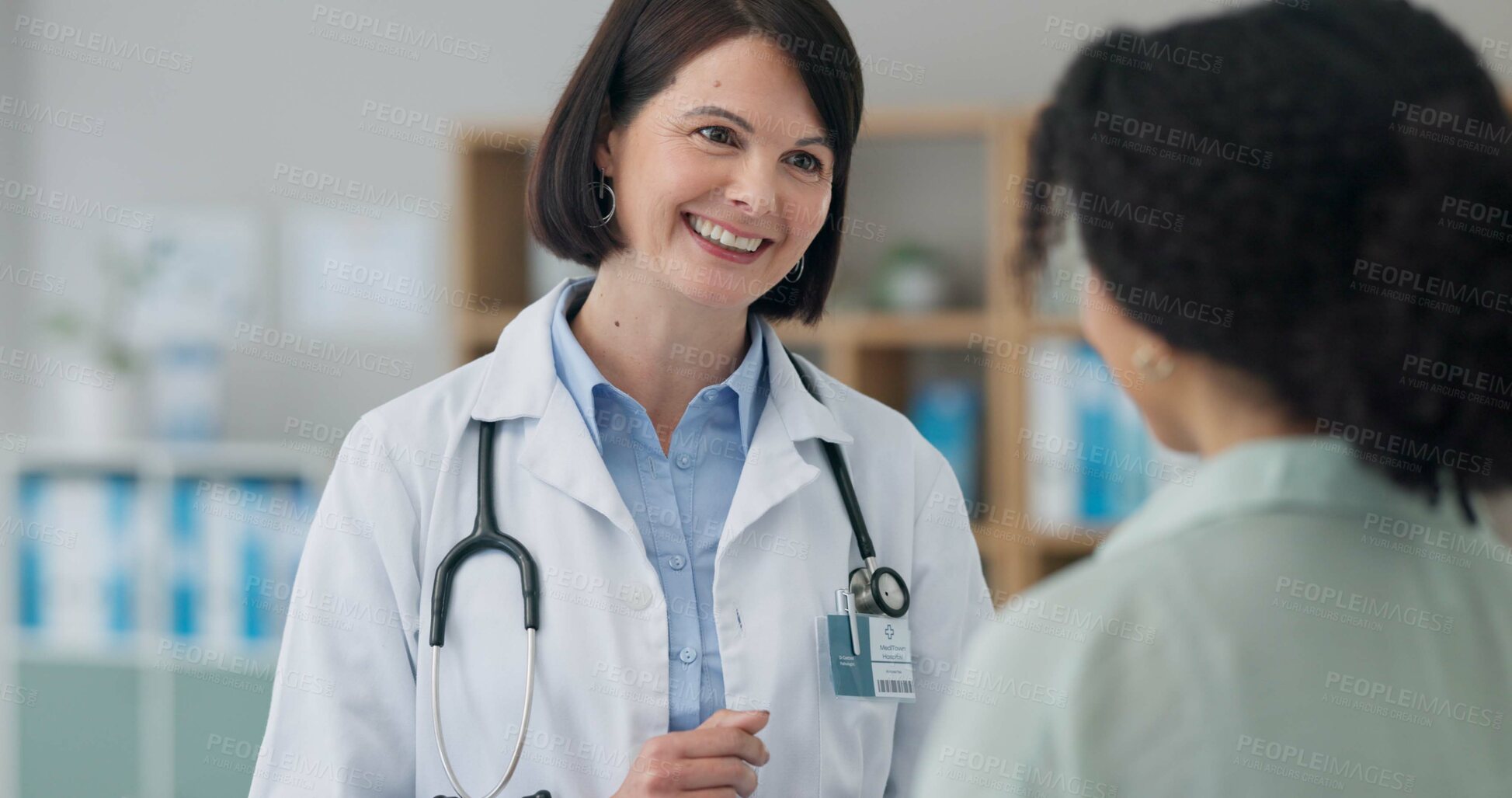 Buy stock photo Women, patient and doctor with consultation, healthcare and communication for results, medicare insurance and trust. People, medical and professional with girl, appointment and checkup for diagnosis
