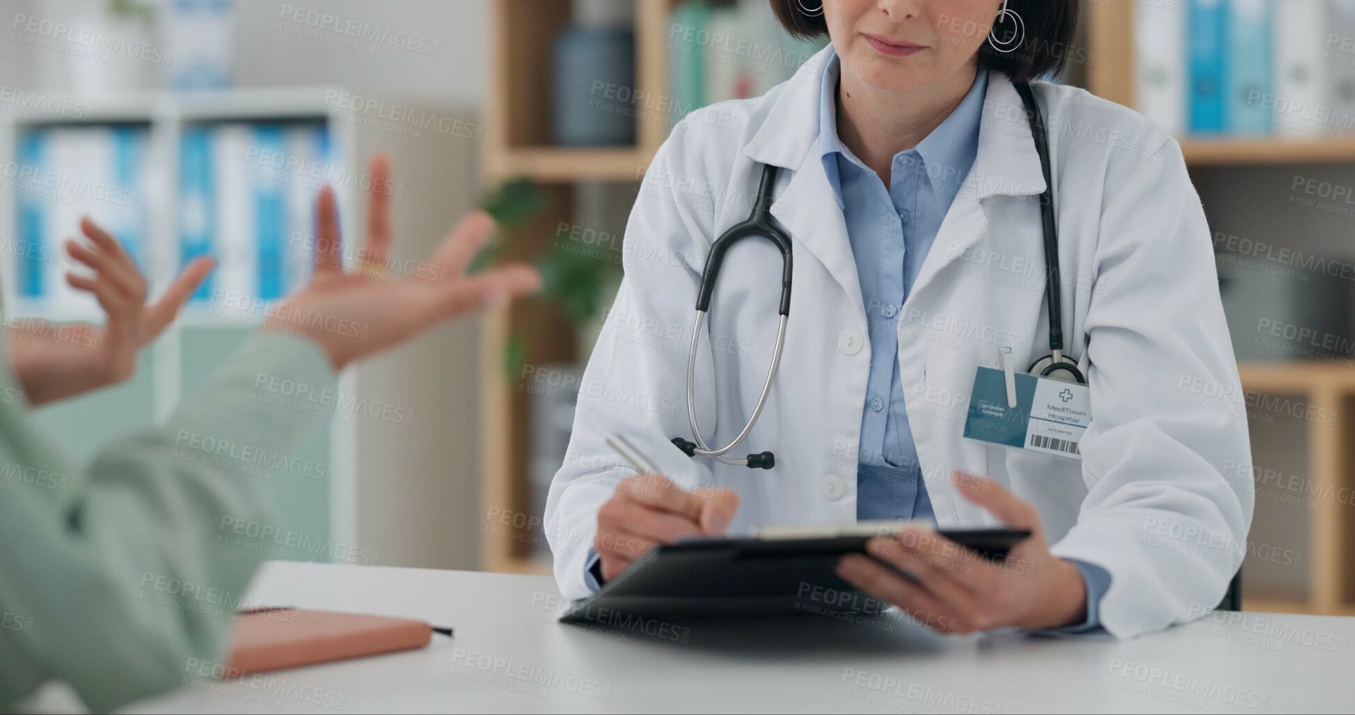 Buy stock photo Hospital, tablet and hands of doctor with patient for consulting, medical service and help in clinic. Healthcare, people on digital tech for diagnosis and online results with health insurance