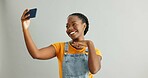 African woman, selfie and happy in studio with fashion for live streaming on web by white background. Influencer, girl or person with photography for memory, post or profile picture on social media
