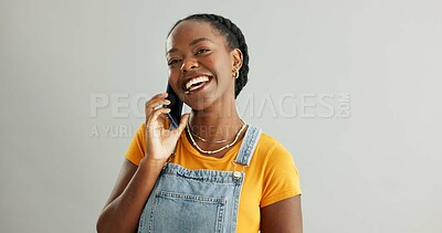 Buy stock photo Woman, phone call and talking in studio with smartphone, online communication and conversation on mobile app. Connection, tech and listening for information, network discussion and background
