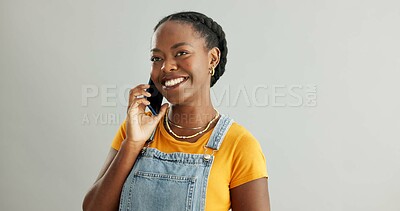 Buy stock photo Woman, phone call and happy in studio with smartphone, online communication and conversation on mobile app. Connection, tech and listening or information, network discussion and smiling on background