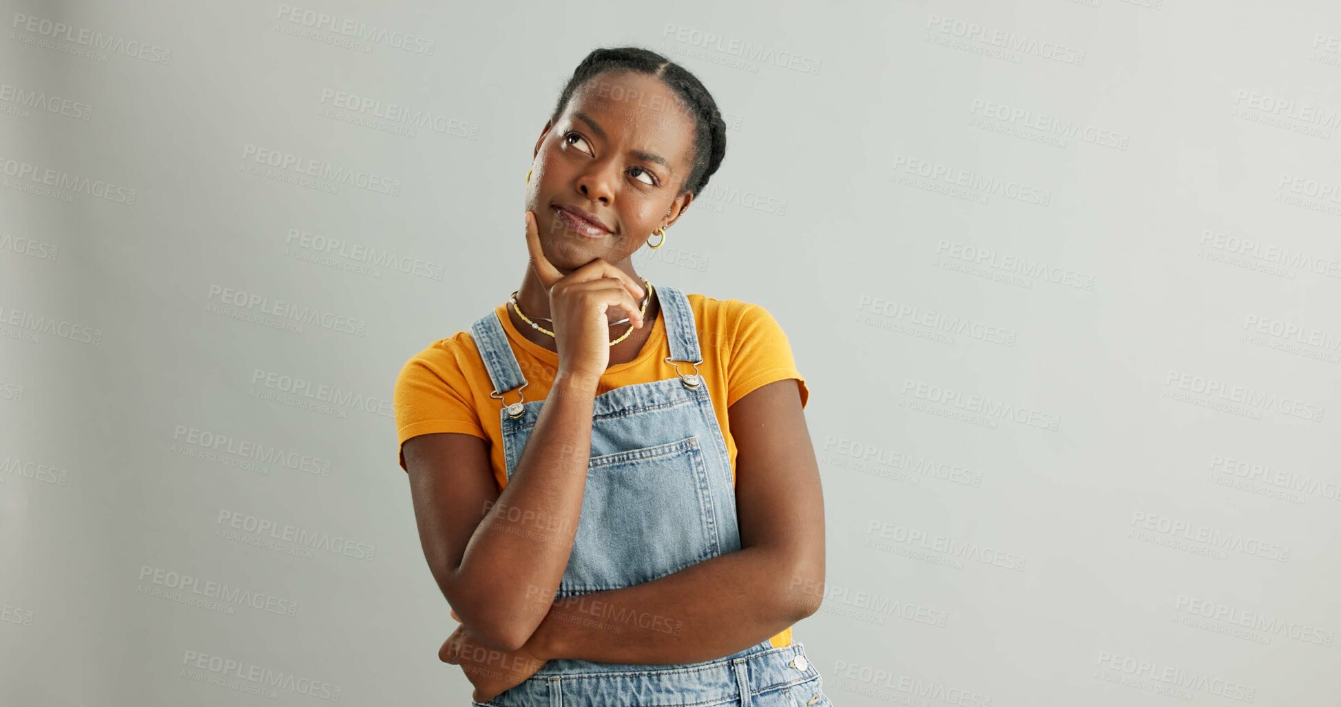 Buy stock photo Black girl, studio and thinking of ideas for problem solving or planning, insight and brainstorming for decision. Woman, thoughtful and isolated on white background with mockup, pensive and choice.