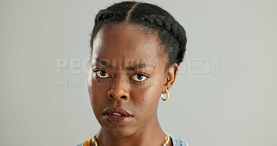 Buy stock photo Confused, portrait and black woman in studio with bad news for unsure, questioning choice or puzzled reaction. Doubt, emoji and person for gossip, uncertainty or disbelief  on gray background