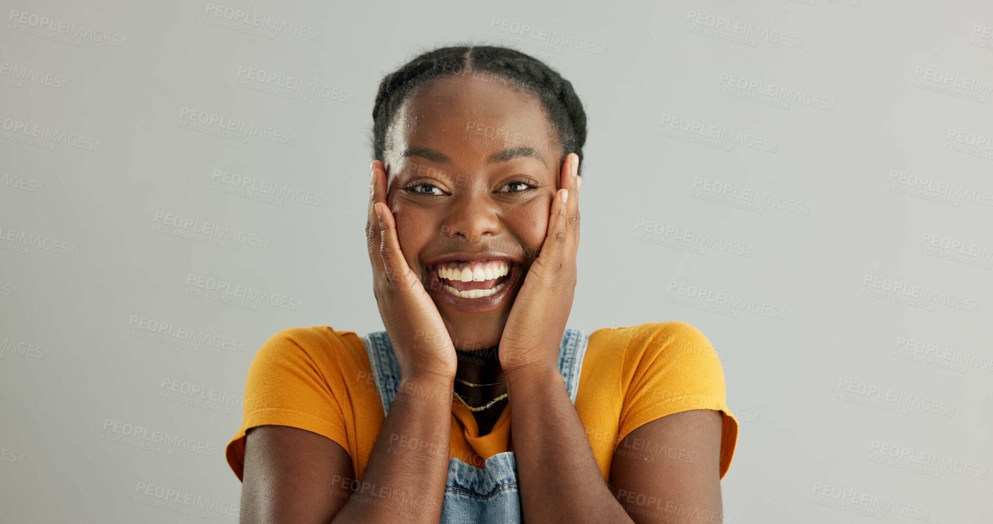 Buy stock photo Surprised, portrait and black woman in studio with good news for announcement, gossip or wow on gray background. Wtf, emoji and person with hands on face for secret, omg or sale reaction on mockup