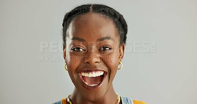 Buy stock photo Portrait, surprise and excited with black woman, smile and reaction on grey studio background. African person, face and model with shock, announcement and emotion with facial expression, omg and wow