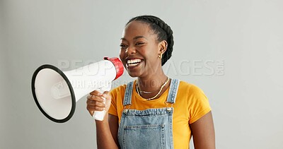 Buy stock photo African woman, megaphone and happy in studio for deal, news or promotion with voice by white background. Person, bullhorn and speech with smile for info, sale or retail discount with audio technology