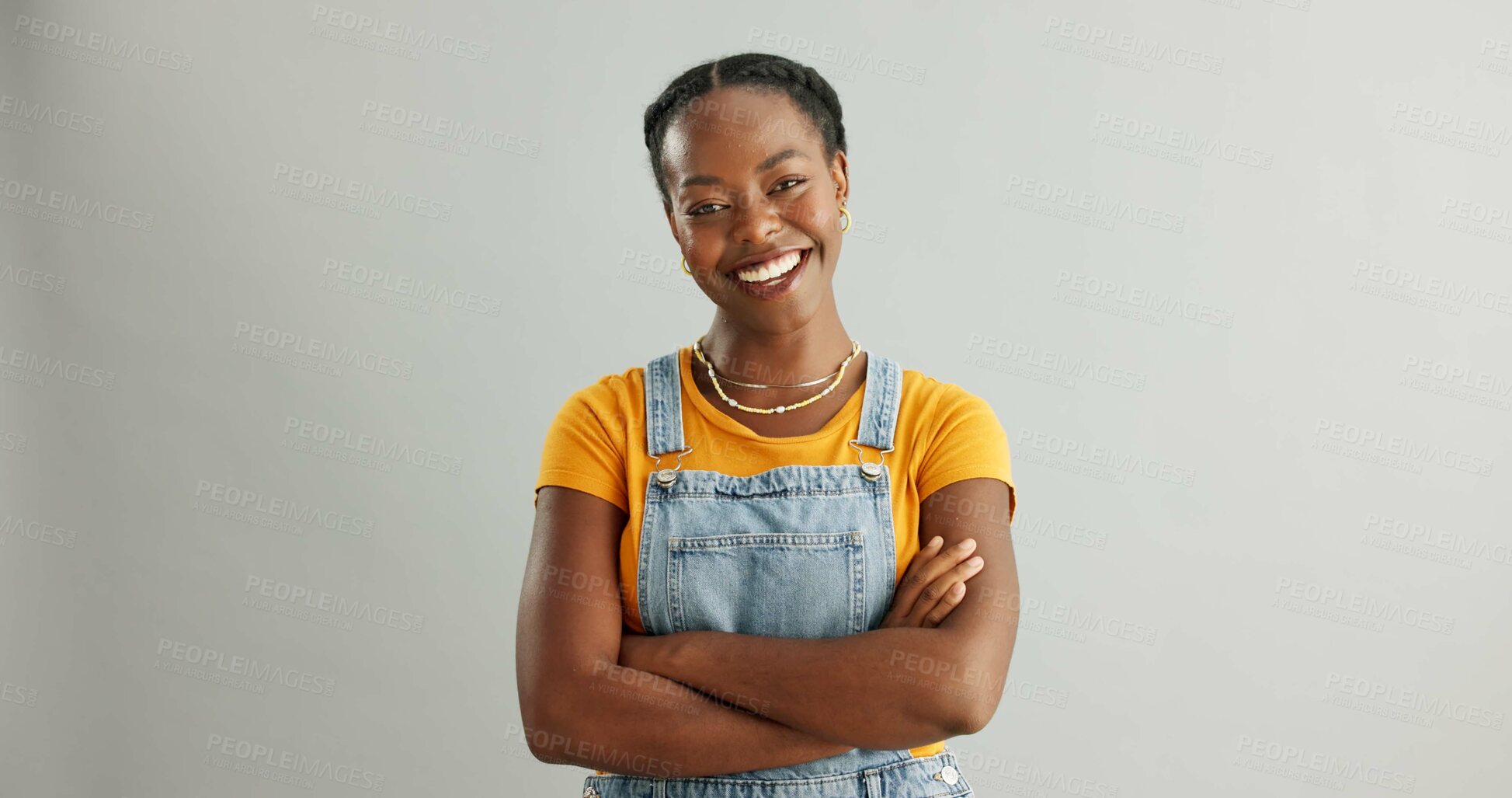 Buy stock photo Portrait, joy and black woman with arms crossed, fashion and confident model on grey studio background. African person, face or happy girl with casual clothing, smile and trendy with stylish outfit