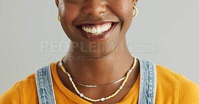 Buy stock photo Black woman, smile and studio with jewellery for fashion, closeup with cool trend in New York City. Female person, white background and happiness for clothes with accessories, zoom with style