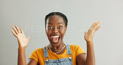 Buy stock photo Woman, shouting and happy hands in studio, winner and good news or wow announcement with customer for discount. Surprised, model and female person excited for sale, deal and background for emoji face