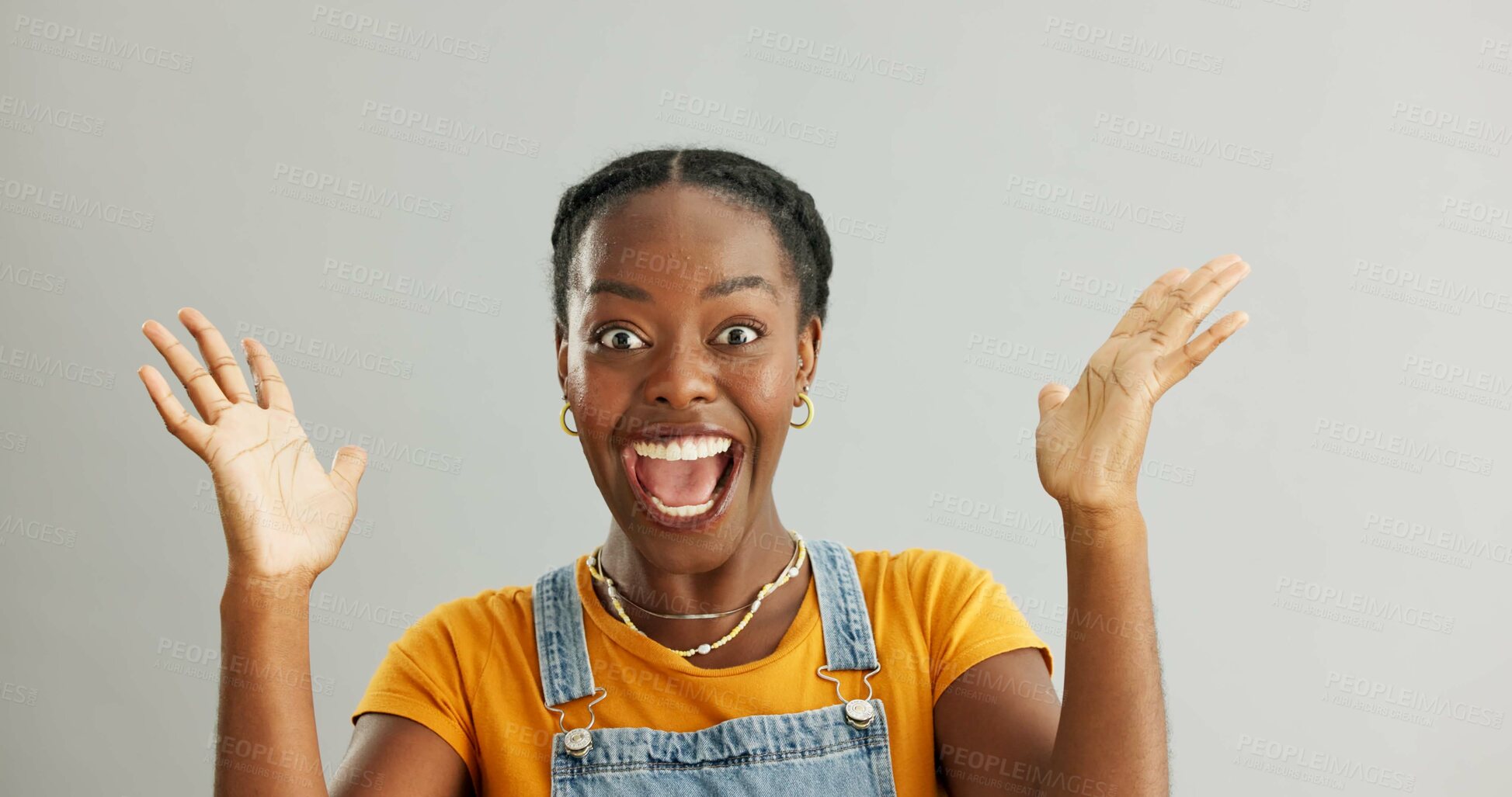 Buy stock photo Woman, shouting and happy hands in studio, winner and good news or wow announcement with customer for discount. Surprised, model and female person excited for sale, deal and background for emoji face