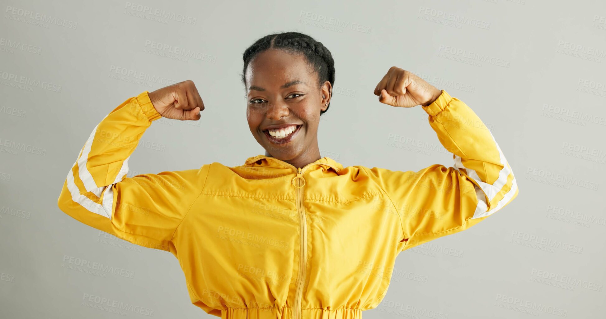 Buy stock photo Black woman, happy and flex in studio with portrait for confidence, empowerment and strength in arms. Girl, fitness and sporty on white background for performance, exercise and determination.