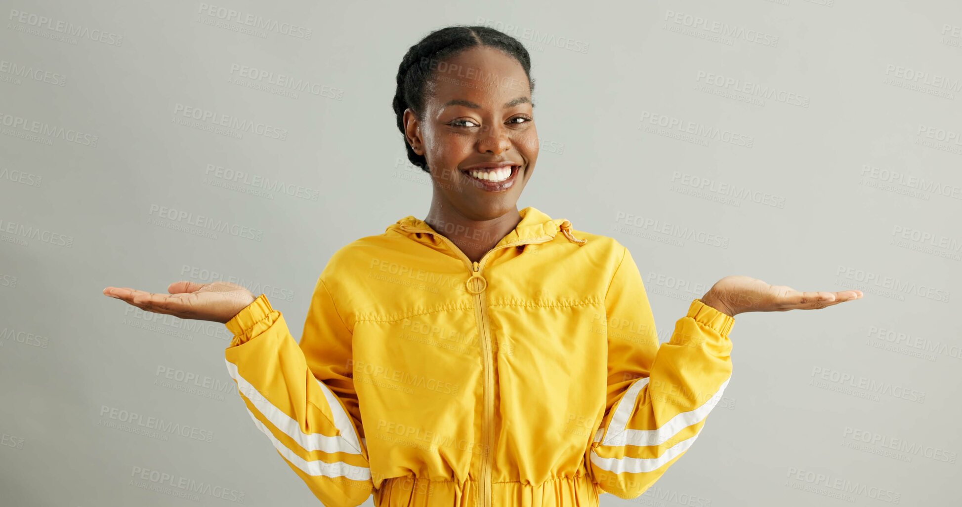 Buy stock photo Portrait, options and black woman with open hands, choice and decision on grey studio background. African person, face and model with hand gesture, comparison and opportunity with advice and feedback