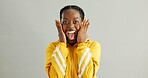 Portrait, surprise and black woman with wow, news and announcement on grey studio background. African person, face and model with shock, facial expression and gossip with reaction, emoji and secret