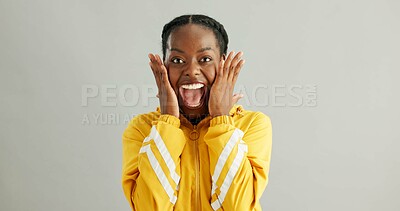 Buy stock photo Portrait, surprise and black woman with wow, news and announcement on grey studio background. African person, face and model with shock, facial expression and gossip with reaction, emoji and secret