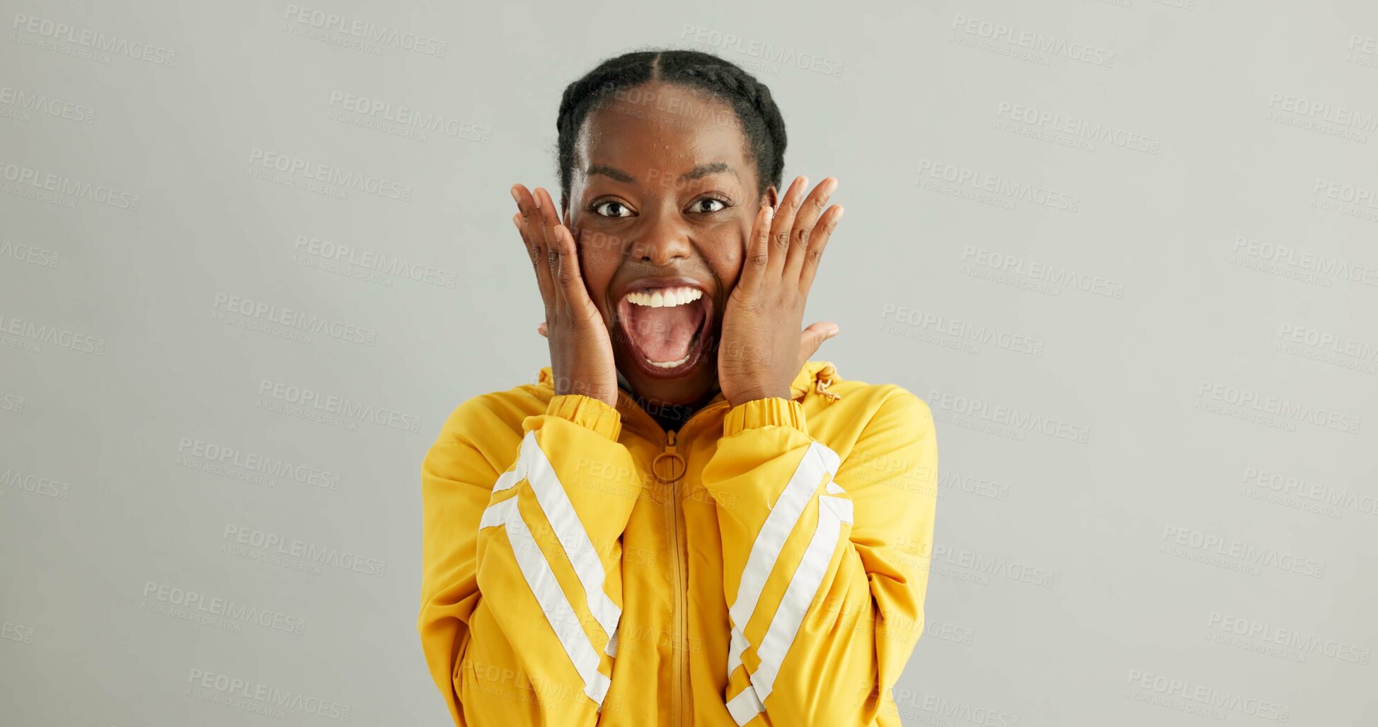 Buy stock photo Portrait, surprise and black woman with wow, news and announcement on grey studio background. African person, face and model with shock, facial expression and gossip with reaction, emoji and secret
