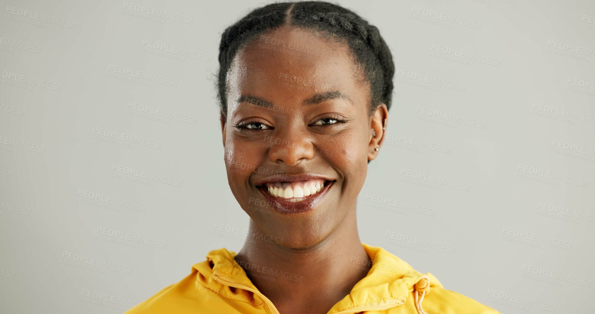 Buy stock photo Relax, smile and portrait of black woman in studio for satisfaction, optimism and good mood. Happy, face and female person with confidence for makeup, pride and positivity on white background