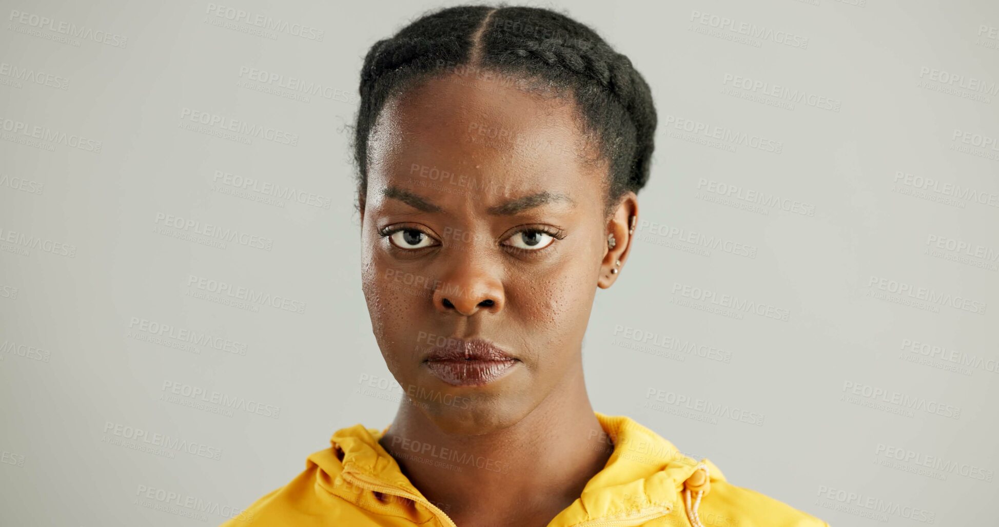 Buy stock photo Portrait, frustrated and angry with black woman, stress and emotion on grey studio background. African person, face and model with reaction, moody and crisis with mockup space, emoji and conflict