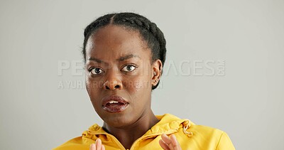 Buy stock photo Black woman, scared and studio in portrait with wow, omg surprise or alarm for fake news. Female person, gray background and fear for announcement, notification with shock or drama in New York City