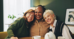 Happy, hug and portrait of elderly women in house with care, trust and support, relax and bonding with drinks. Smile, face or senior friends embrace in retirement home for reunion, visit or tea party