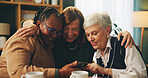 Happy, hug and senior women with phone search in house for learning, help or teaching social media, how to or sign up. Smartphone, advice and elderly friends online for dating app fun with coffee