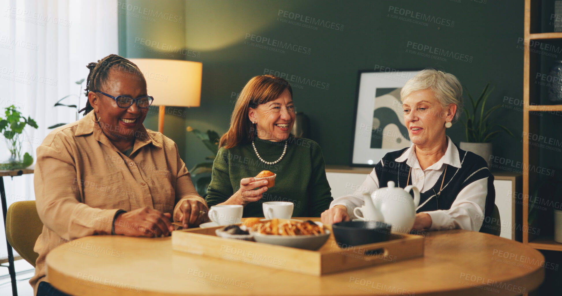 Buy stock photo Elderly, women and happy with eating in home with conversation, bonding or wellness with tea party. Senior, people and friends in hospice with talking for relax, support and dessert at dinner table