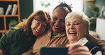 Senior women, selfie and friends on couch, hug and care with bonding in living room for retirement. People, group and happy with photography, memory and profile picture for social media on mobile app