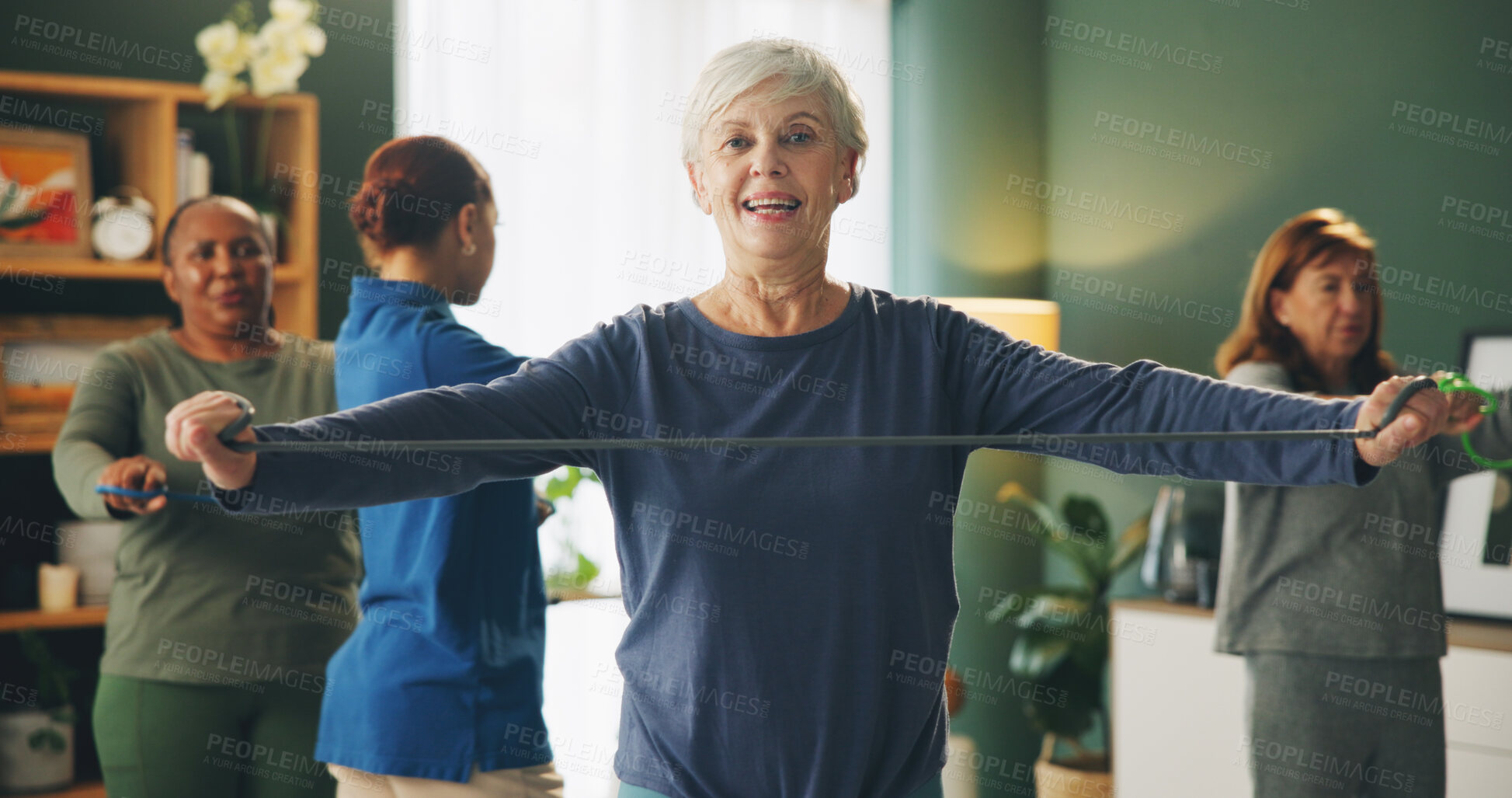 Buy stock photo Senior woman, resistance band and portrait by group with smile for training, health or exercise in retirement. Person, equipment and workout with friends, coach and pride for progress at fitness club