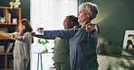 Fitness, stretching and senior people with band in home for exercise, training and workout in living room. Retirement, sports class and women with equipment for wellness, healthy body and cardio