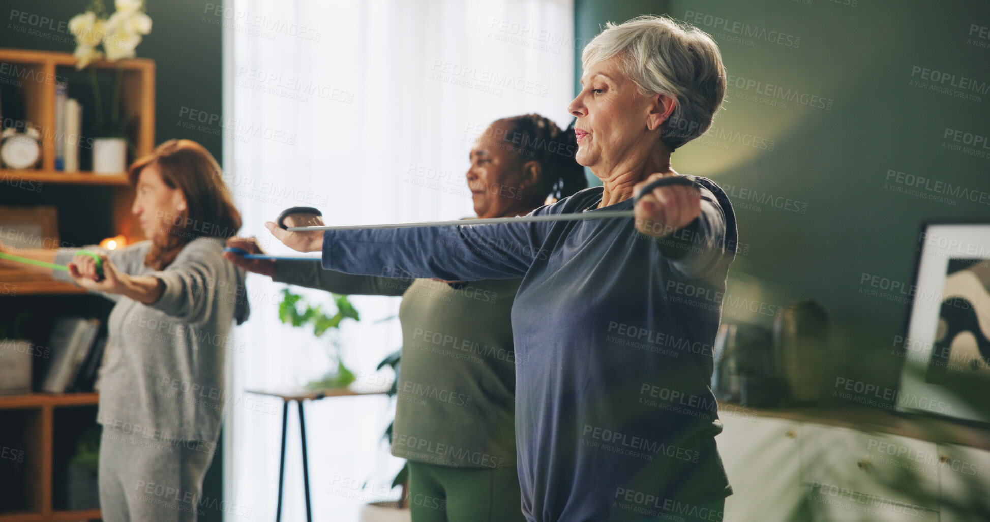 Buy stock photo Fitness, stretching and senior people with band in home for exercise, training and workout in living room. Retirement, sports class and women with equipment for wellness, healthy body and cardio