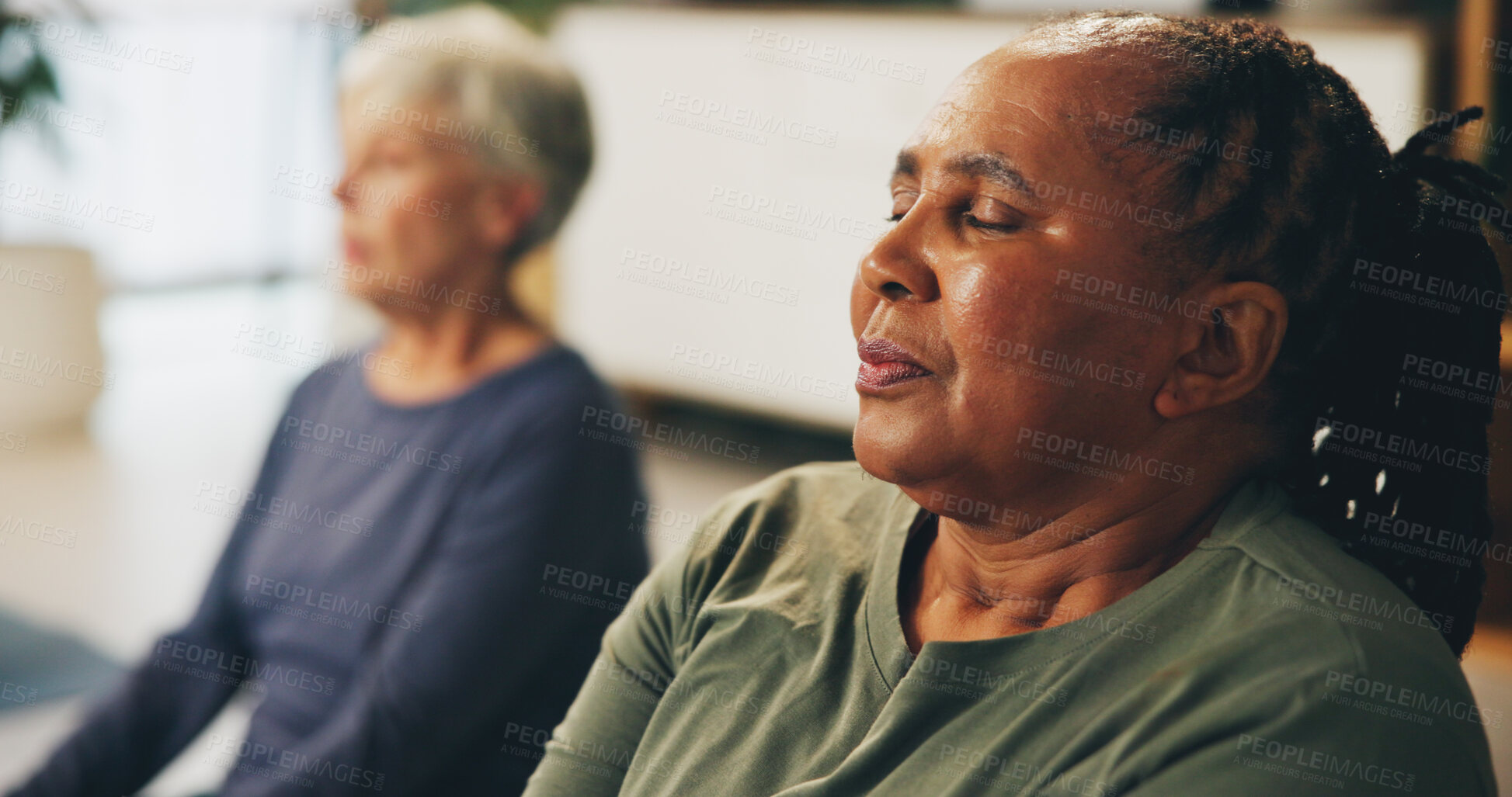 Buy stock photo Senior woman, relax and meditation with class for yoga, therapy or awareness at old age home. Female person or yogi group in relaxation for zen, mindfulness or spiritual wellness in living room