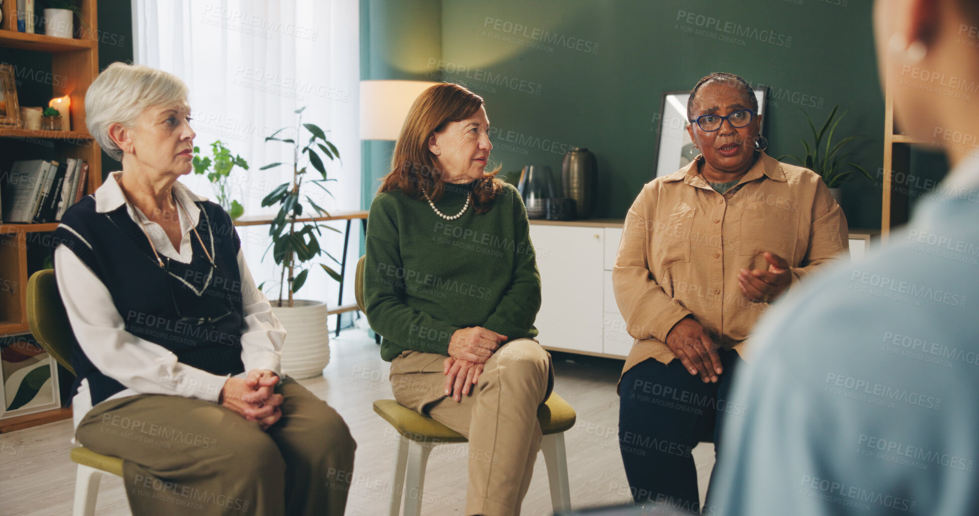 Buy stock photo Group therapy, senior women and circle in discussion with psychologist for mental health in retirement. Therapist, support and meeting with people for talking, help or advice for care in nursing home
