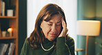 Senior, woman or pain from headache in home with stress, frustrated or confused from brain fog in retirement. Elderly, person and face or migraine with tension, pressure or mental health with anxiety
