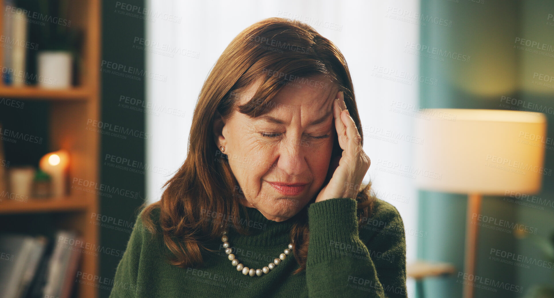 Buy stock photo Senior, woman or pain from headache in home with stress, frustrated or confused from brain fog in retirement. Elderly, person and face or migraine with tension, pressure or mental health with anxiety