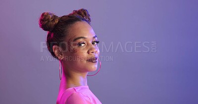 Buy stock photo Portrait, woman and beauty with makeup, fashion and confident model on studio background. Face, person and girl with cosmetics, gen z and stylish with creativity, glow and artistic with mockup space