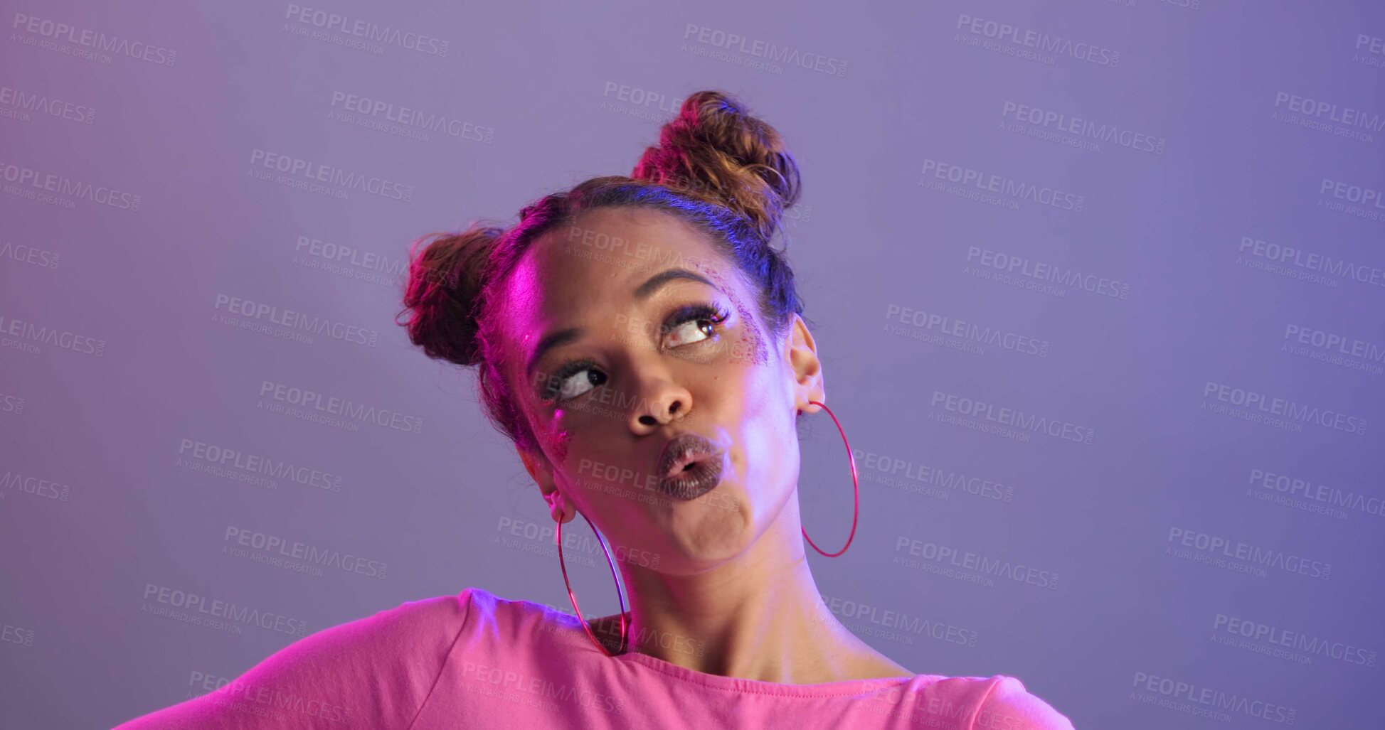 Buy stock photo Woman pout and fashion with makeup in studio, thinking and lipstick for cosmetic change by purple background. Girl, person and lips for kiss sign, emoji and symbol for kindness, flirting or love