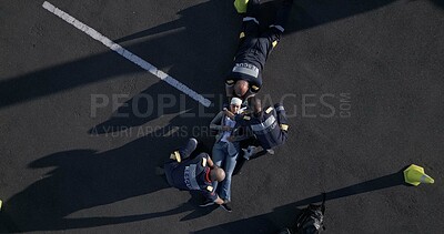 Buy stock photo EMS, team and paramedic with patient, outdoor and accident, injury and service of transport for healthcare. Rescue, ambulance and helping of person, street and check of bleeding and above in road