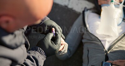 Buy stock photo Finger, paramedic and check of blood, patient and accident, injury and service of transport for healthcare. Rescue, ambulance and helping of person, glucose meter and outdoor with oxygen or breathing