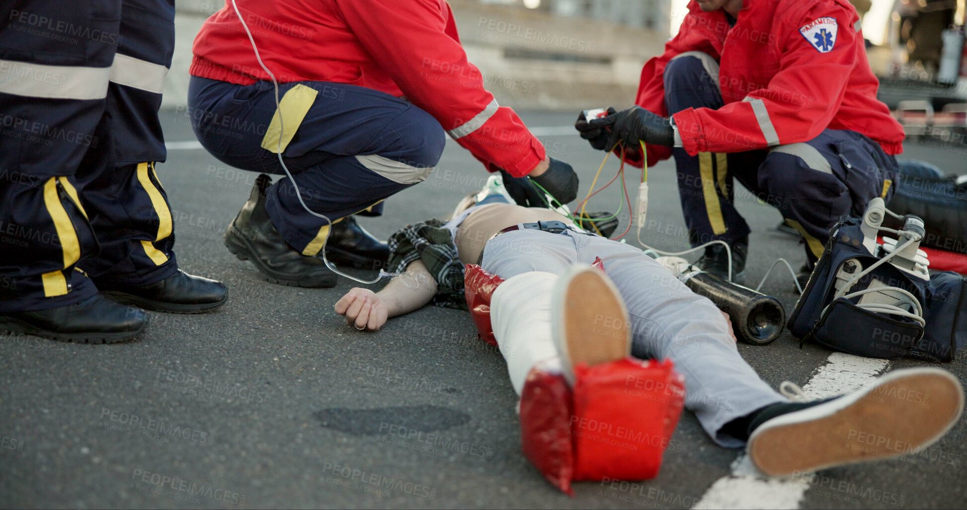 Buy stock photo EMS, hands and paramedic with patient, outdoor and accident, injury and service of transport for healthcare. Rescue, ambulance and helping of person, pulse oximeter and check of oxygen and breathing