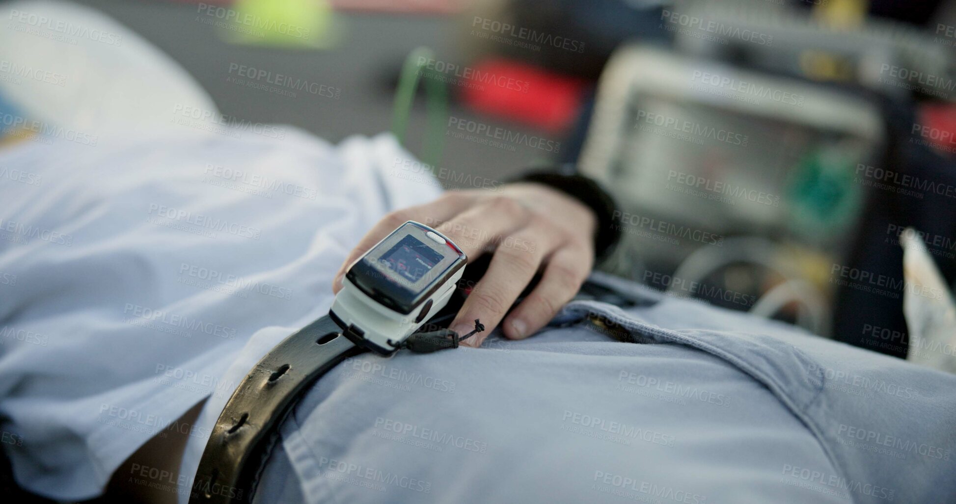 Buy stock photo Emergency, patient and hand with pulse oximeter at accident scene for blood pressure and monitor heart rate. Closeup, electronic device and medical tool on finger for healthcare service or cardiology