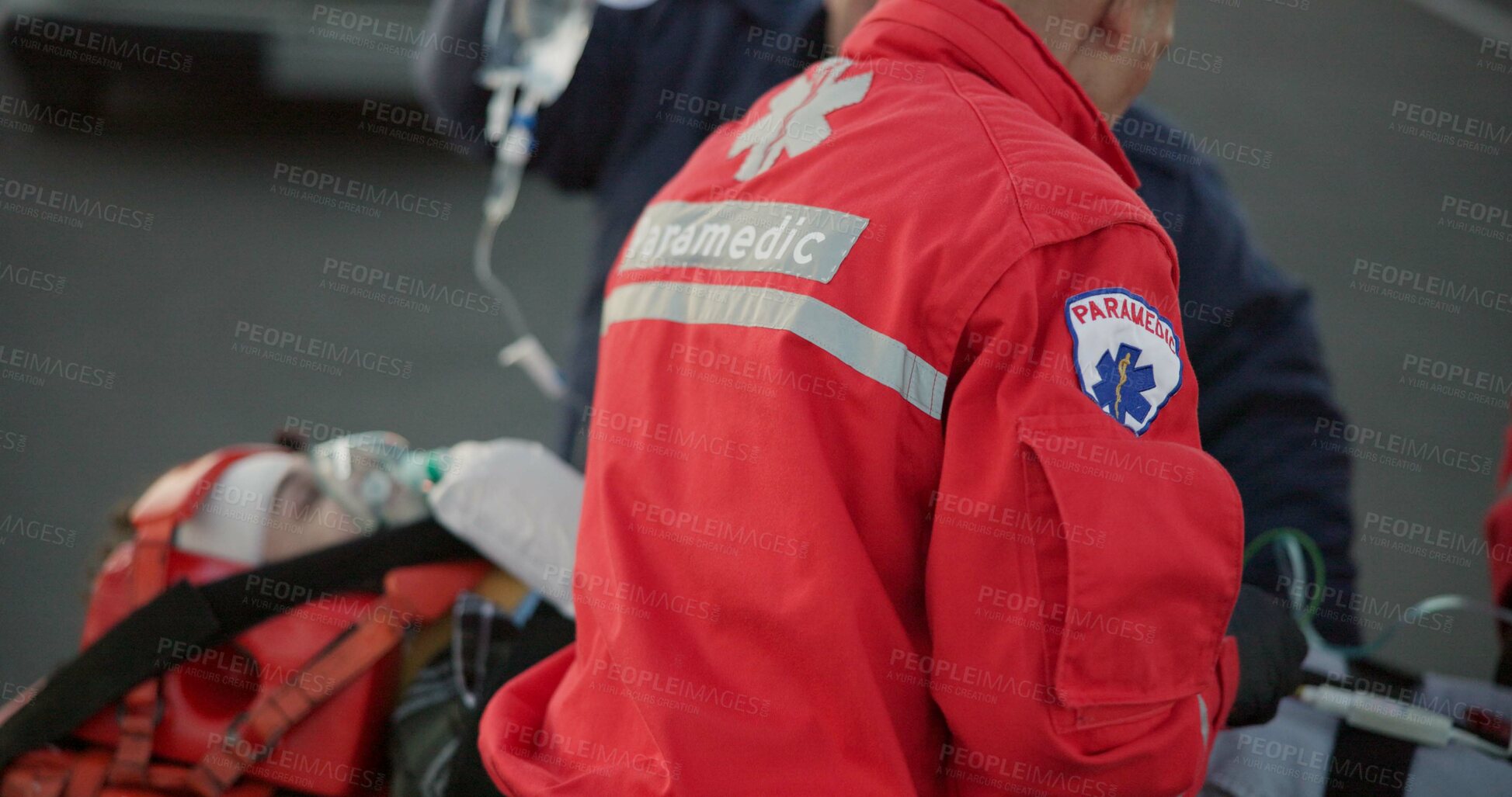 Buy stock photo People, paramedic and help patient in outdoor on scene for emergency, rescue and support. Emt team, healthcare and oral oxygen for injured person on accident for medical service, care and first aid