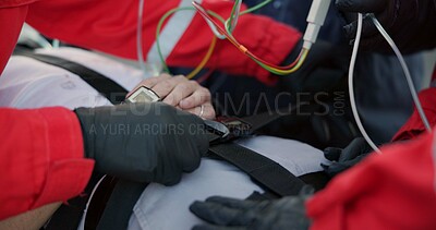 Buy stock photo EMS, hands and paramedic with patient, outdoor and accident, injury and service of transport for healthcare. Rescue, ambulance and helping of person, pulse oximeter and check of oxygen and breathing