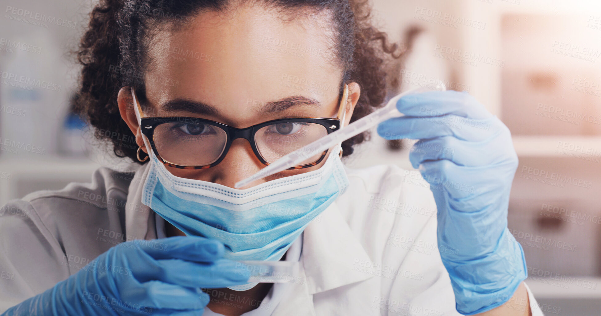 Buy stock photo African woman, scientist and petri dish with dropper or medical mask for safety, research or virus test in clinic. Science, female person and employee working in laboratory with chemistry analysis