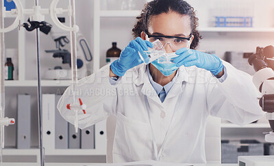 Buy stock photo Chemical liquid, woman and scientist in laboratory with pharmaceutical experiment for vaccine. Healthcare, fluid and female chemist with goggles and face mask for medical innovation research or study