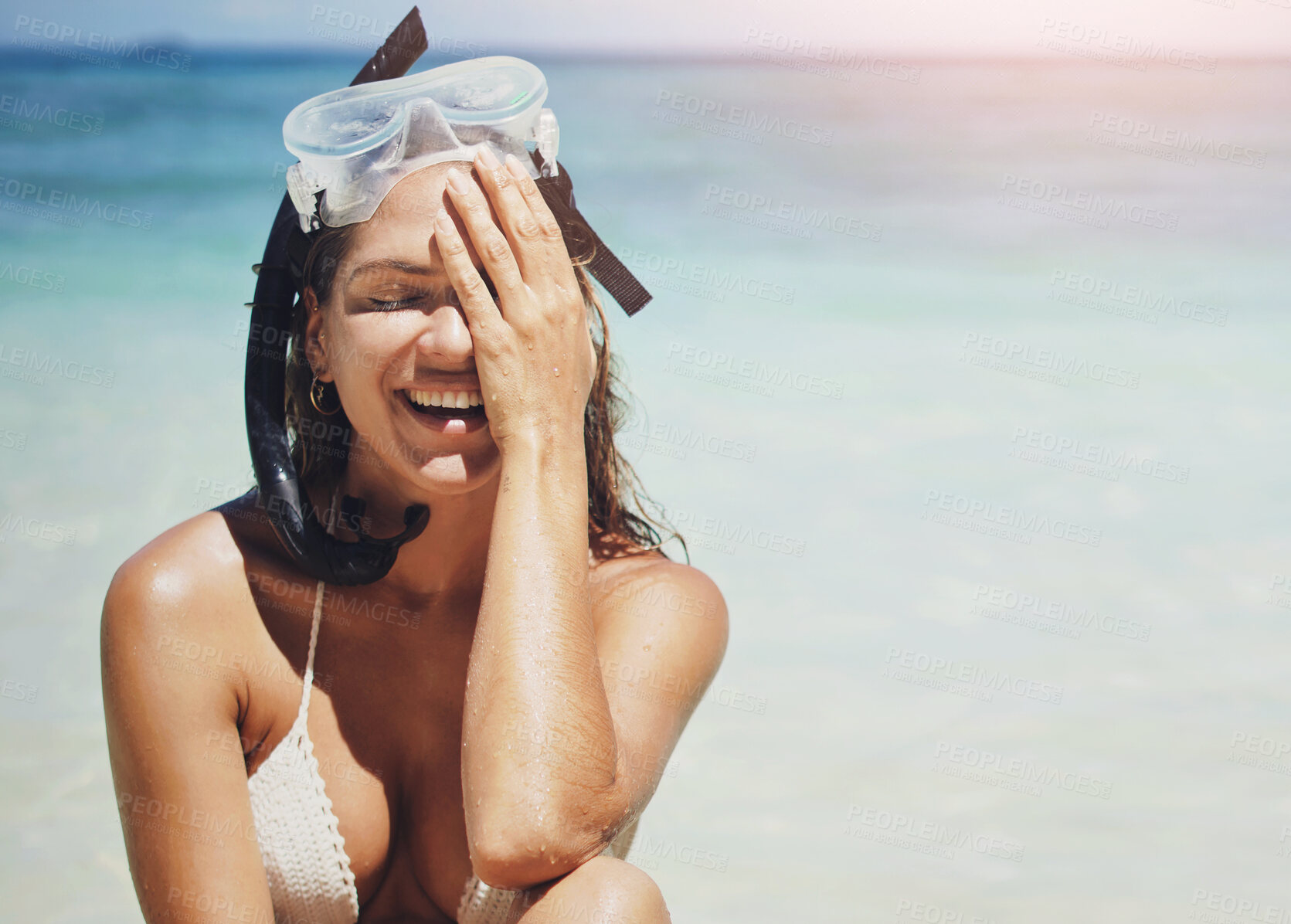 Buy stock photo Woman, bikini and snorkel goggles for beach, water or swimming in sea to explore tropical ocean on summer adventure. Girl, laughing and scuba mask for diving, swimmer or person on happy holiday