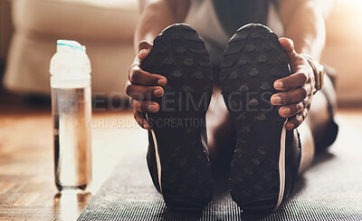 Buy stock photo Fitness, shoes and water with stretching legs, exercise and ready for workout, training or health. Healthy person, sneakers and bottle with warm up, feet and start in home for performance and muscle