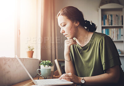 Buy stock photo Woman, laptop and thinking on novel in home office, author and contemplating plot or theme. Female person, book ideas and professional writer online for research, editing fiction and story update